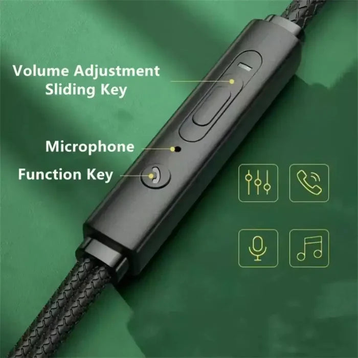 Close-up of volume control on Portable Headphones Stereo in Ear Wired High Definition Deep Bass with microphone and function key.