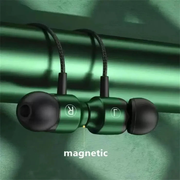 Green portable headphones stereo in ear wired high definition deep bass with magnetic feature on green background