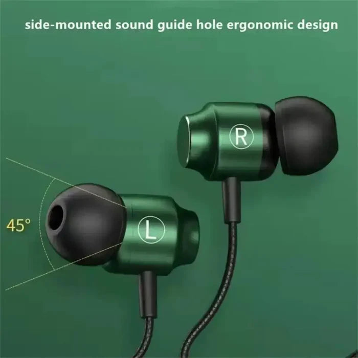 Portable Headphones Stereo in Ear Wired High Definition Deep Bass with ergonomic design, shown with 3.5 MM connectors.