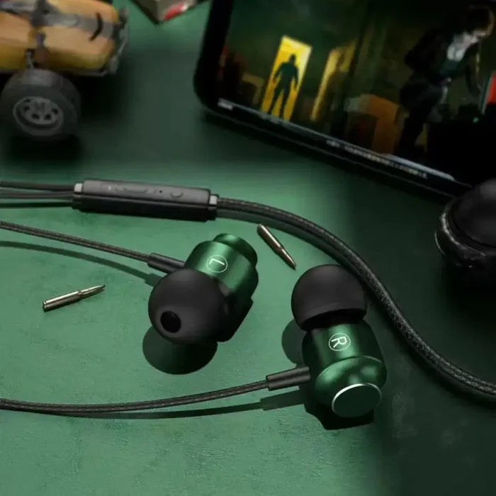 Portable Headphones Stereo in Ear Wired High Definition Deep Bass with control button, 3.5mm connector, green earphones on table