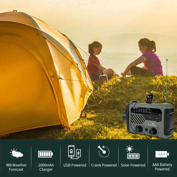Portable Radio Hand Crank AM FM NOAA Emergency 3-in-1 Reading Lamp Flashlight Solar Charging 2000mAh Power Bank for Cell Phone
