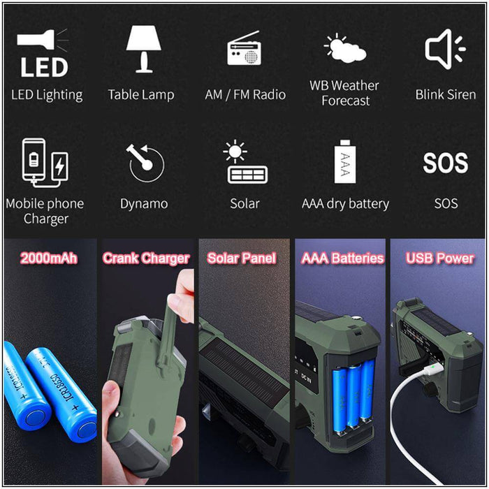 Portable Radio Hand Crank AM FM NOAA Emergency 3-in-1 Reading Lamp Flashlight Solar Charging 2000mAh Power Bank for Cell Phone