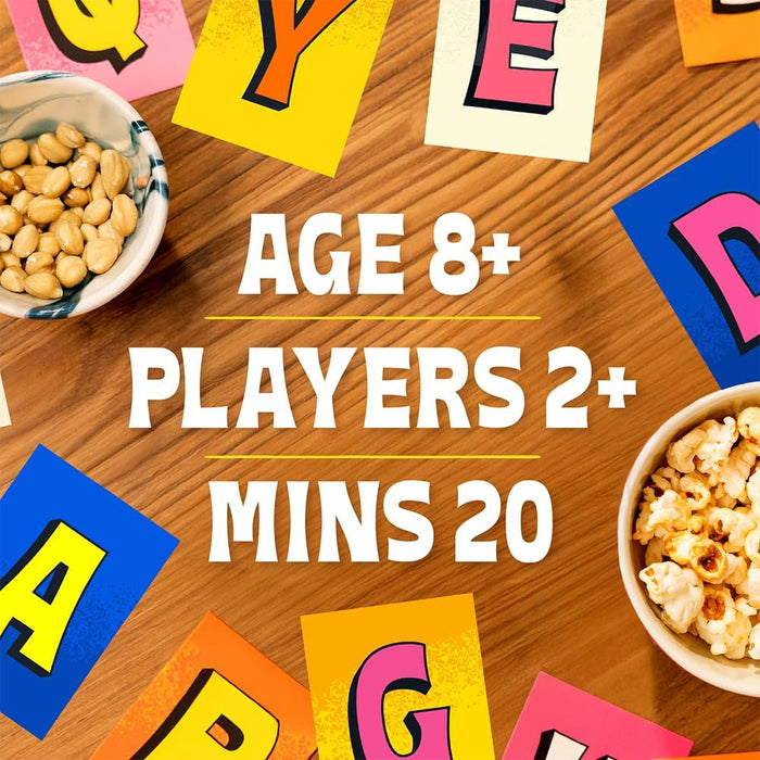 Colorful letter cards and snacks on a wood table with text showing Age 8+, 2+ Players, and 20 Minute playtime.