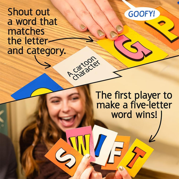 Players match letters to categories and collect cards; a smiling woman holds five bright cards spelling SWIFT.
