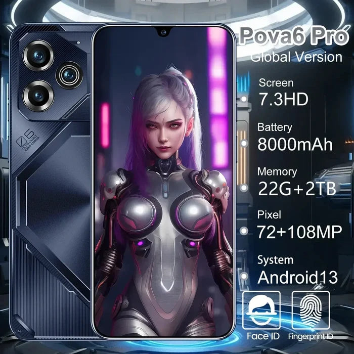 Pova 6 Pro Smartphone 22GB & 2TB 7 inch featuring advanced specs like 72+108MP camera, 8000mAh battery, and Android 13 system.