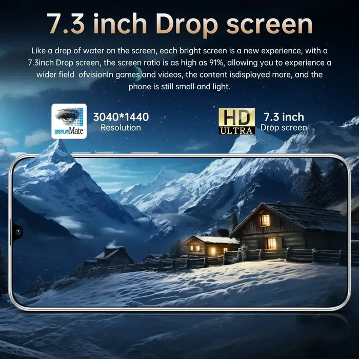 Pova 6 Pro Smartphone 22GB & 2TB 7 inch with 7.3 inch drop screen, 3040x1440 resolution, HD Ultra display showcasing mountain scenery.