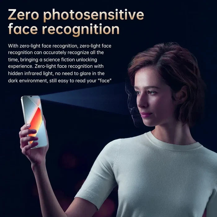 Woman holding Pova 6 Pro Smartphone 22GB & 2TB 7 inch with zero photosensitive face recognition feature