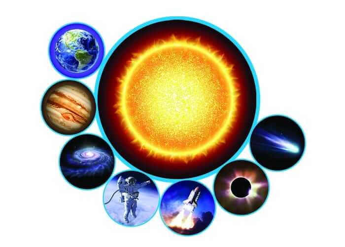 Circular space images featuring a large sun, Earth, Jupiter, a galaxy, astronaut, space shuttle, eclipse, and comet.
