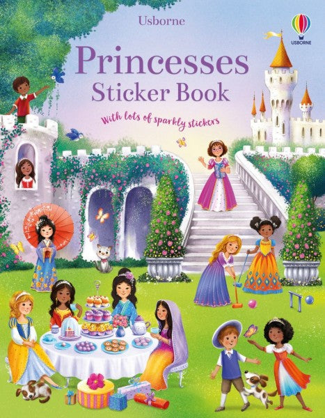 Colorful book cover featuring diverse princesses at a garden tea party near a white castle with purple title text.