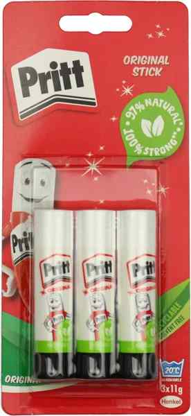 Three white glue sticks in red cardboard packaging featuring a smiling cartoon character and green leaf seal.
