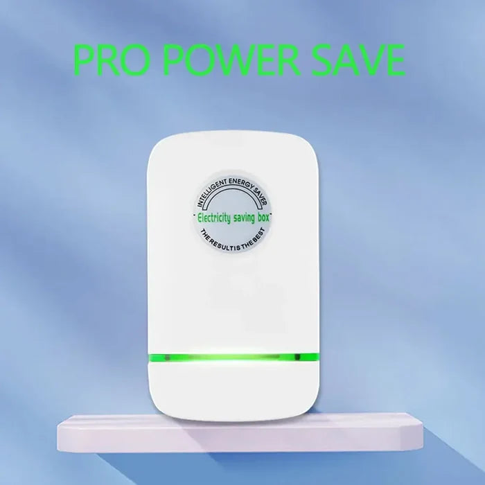 Pro Power Save Electricity Energy Saver in white color with green light, designed for residential electricity saving.