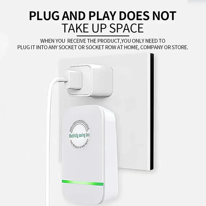 Pro Power Save Electricity Energy Saver plugged into a wall socket, emphasizing its compact design and space-saving features.