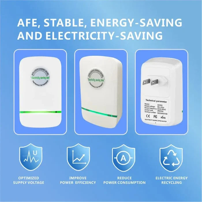 Pro Power Save Electricity Energy Saver displayed in three angles with energy-saving features highlighted.