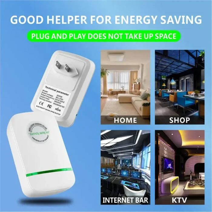 Pro Power Save Electricity Energy Saver device shown in homes, shops, internet bars, and KTVs for energy saving.