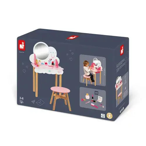 Dark blue box showing a pink cloud-shaped wooden toy vanity with a round mirror, matching stool, and accessories.