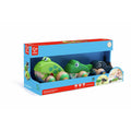 Hape Pull-Along Frog Family toy in blue box showing three wooden frogs on wheels with a pull string.