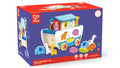 Hape Pull A-Long Noah's Ark box showing a wooden boat toy with animal shape-sorter cutouts and colorful animal figures.