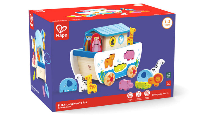 Hape Pull A-Long Noah's Ark box showing a wooden boat toy with animal shape-sorter cutouts and colorful animal figures.