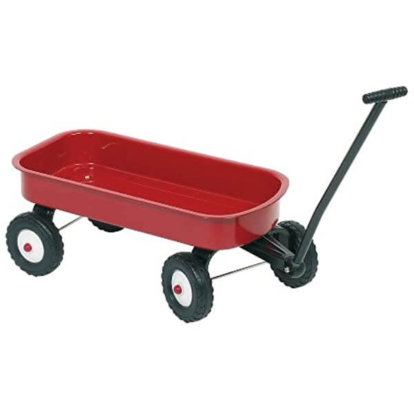 Deep red rectangular wagon with four black wheels and a long black steering handle for pulling.