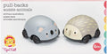 Two rounded pull-back toy cars, a grey koala and a tan echidna, with black wheels on white Tiger Tribe packaging.
