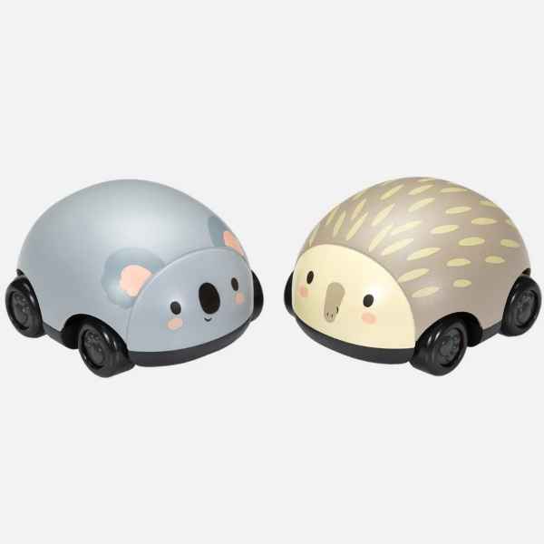 Two rounded pull-back toy cars: a grey koala and a tan echidna with yellow spikes, both with small black wheels.