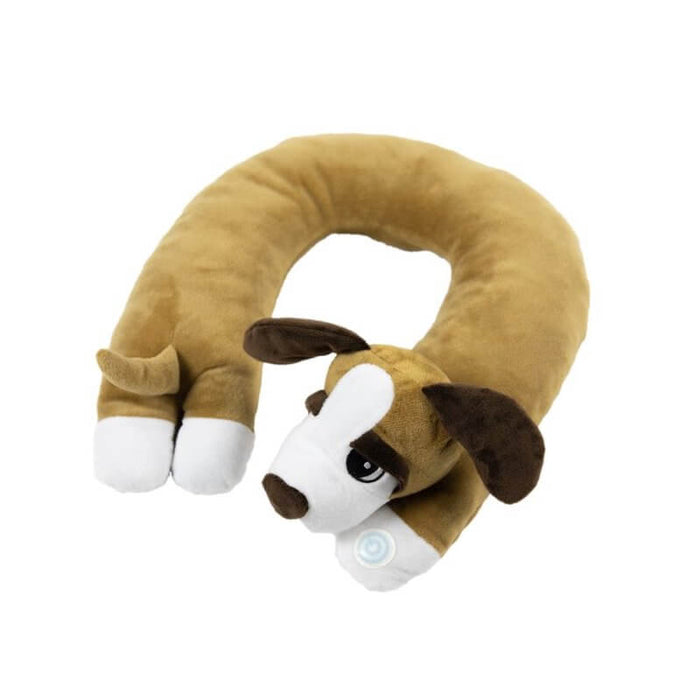U-shaped tan and white plush puppy neck pillow with floppy ears and a power icon on the front paw.