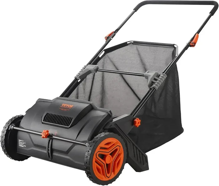 Push Lawn Sweeper 21 inch Leaf & Grass Collector with orange wheels and ergonomic handle for efficient garden maintenance.