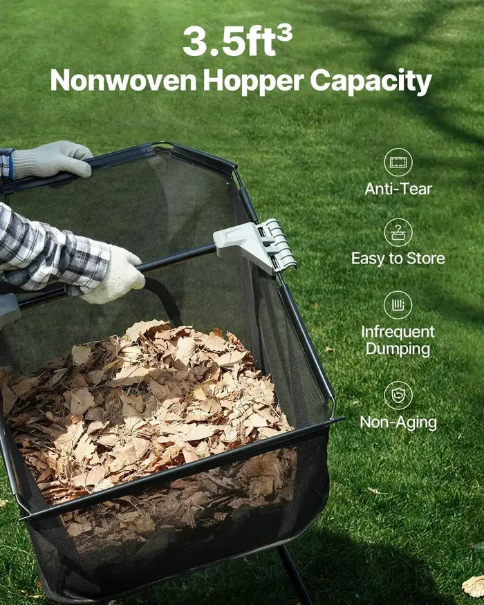 Push Lawn Sweeper 21 inch Leaf & Grass Collector with 3.5ft³ nonwoven hopper, anti-tear, easy storage, and infrequent dumping features.