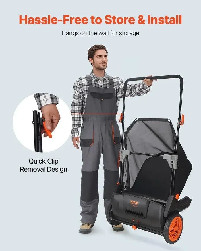 Person demonstrating Push Lawn Sweeper 21 inch Leaf & Grass Collector with quick clip removal design, hassle-free to store and install.