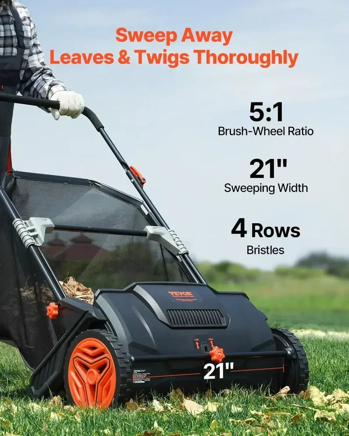 Push Lawn Sweeper 21 inch Leaf & Grass Collector with 5:1 brush-wheel ratio and 21-inch sweeping width.