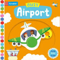 Orange cover of Busy Airport board book featuring a green and white plane with two pilots and a push-pull-slide sticker.