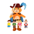 Orange cat hand puppet with hat and sword, plus four small finger puppets: boy, prince, princess, and king.