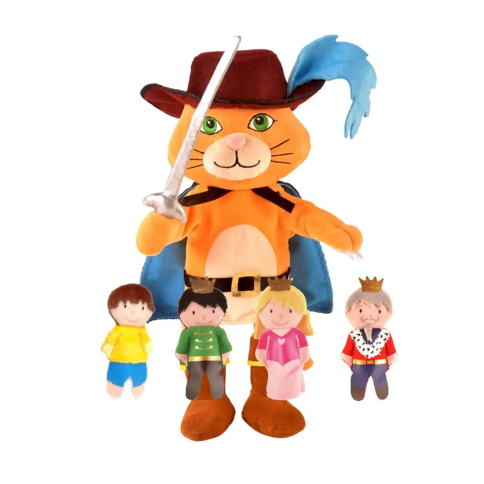 Orange cat hand puppet with hat and sword, plus four small finger puppets: boy, prince, princess, and king.