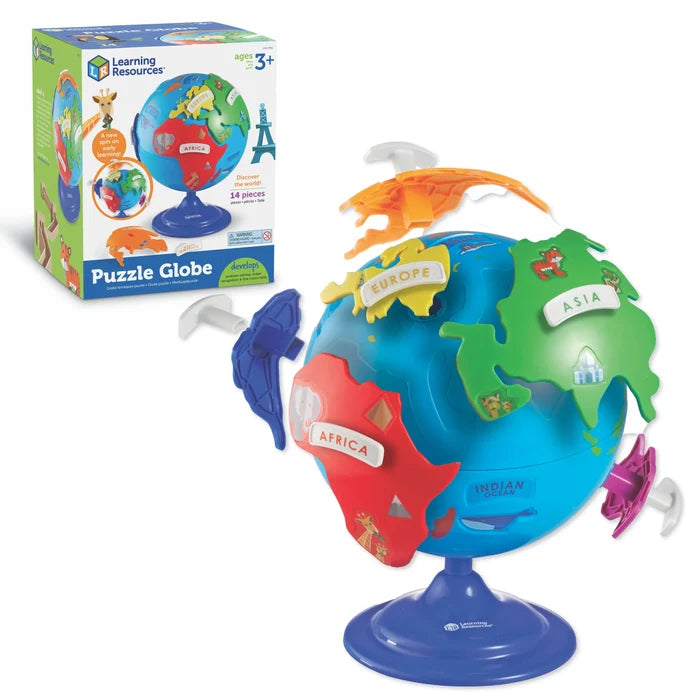 Blue globe toy with colorful, labeled continent puzzle pieces and animal icons, shown next to its product box.