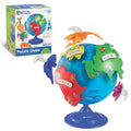 Blue globe toy with colorful, labeled continent puzzle pieces and animal icons, shown next to its product box.