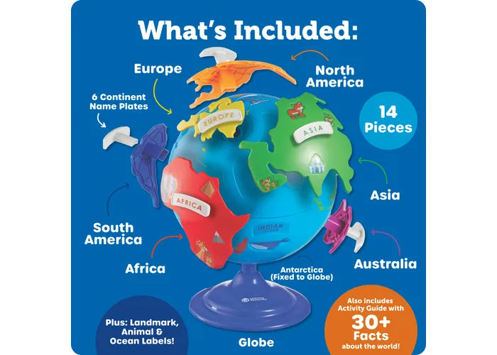 14-piece puzzle globe featuring colorful removable continents and labels on a blue background.
