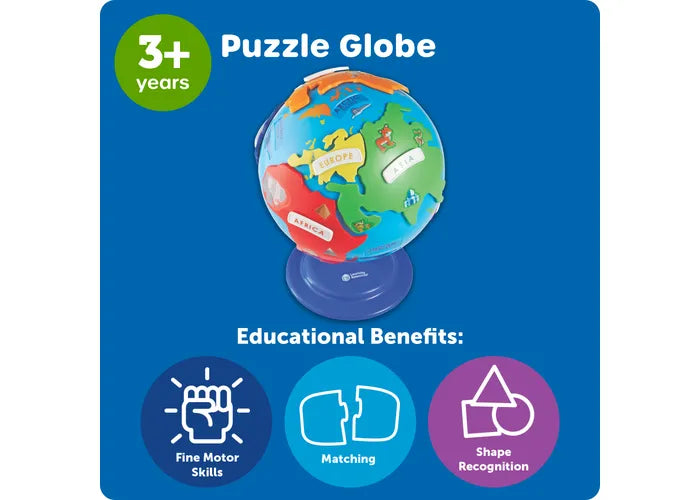 Blue toy globe with removable colorful continent pieces, purple stand, and educational benefit icons for ages 3+.