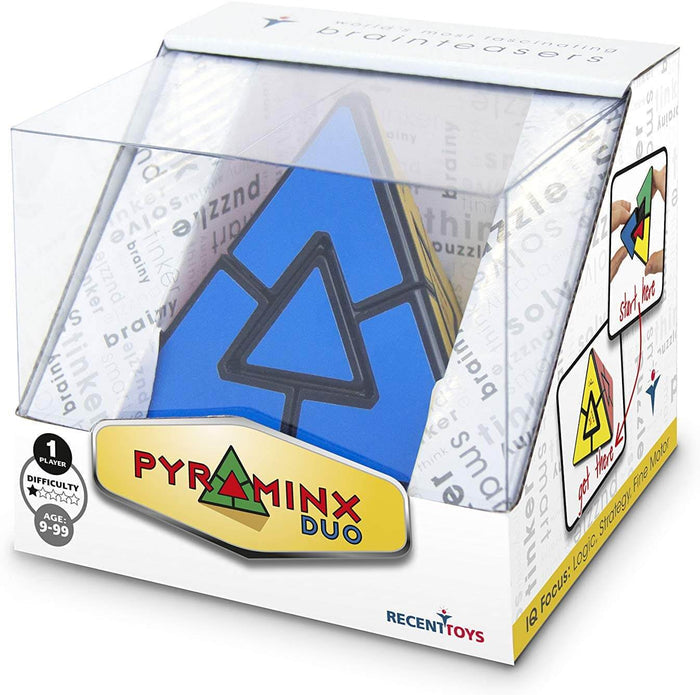 Blue pyramid puzzle with black trim in a clear box with white and yellow branding and game difficulty icons.