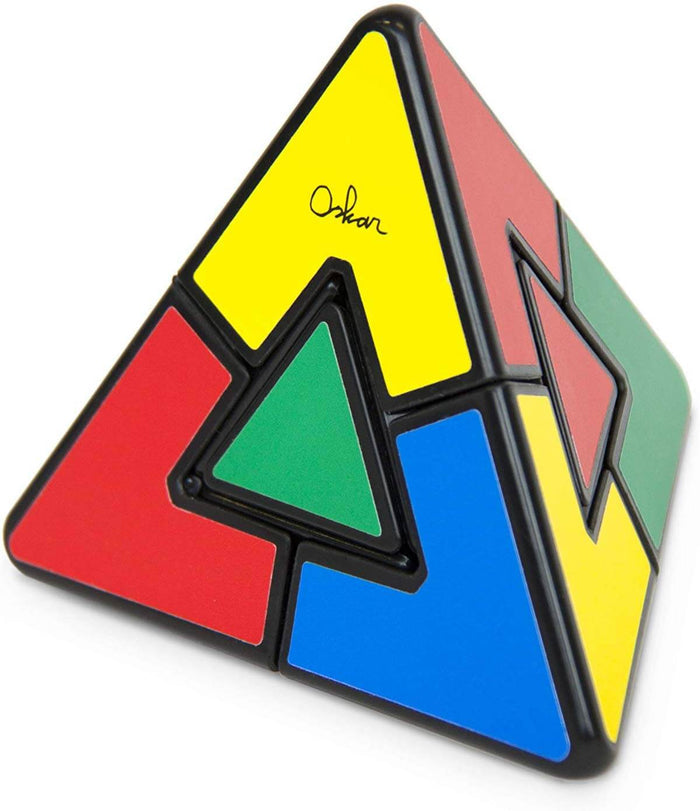 Triangular pyramid puzzle with yellow, red, blue, and green pieces in a black frame with an Oskar signature logo.