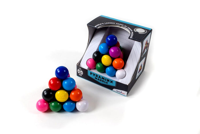 A pyramid-shaped puzzle made of colorful marbles next to its black retail display box on a white background.