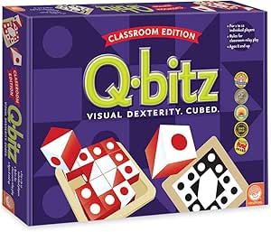 Purple box for Q-bitz Classroom Edition with lime green logo and red, white, and black patterned cubes in wooden trays.