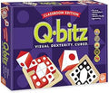 Purple box for Q-bitz Classroom Edition with lime green logo and red, white, and black patterned cubes in wooden trays.