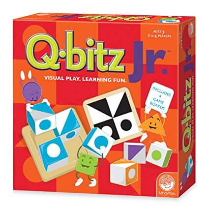 Red checkered game box for Q-Bitz Jr. featuring colorful patterned cubes and cheerful cartoon shape characters.