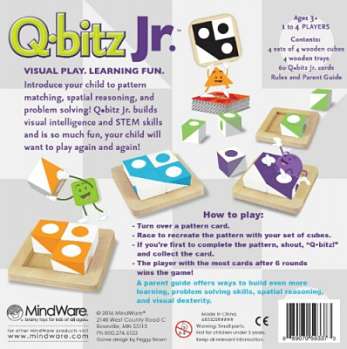 Back of game box featuring colorful patterned cubes on wooden trays, a deck of cards, and instructions for ages 3 plus.