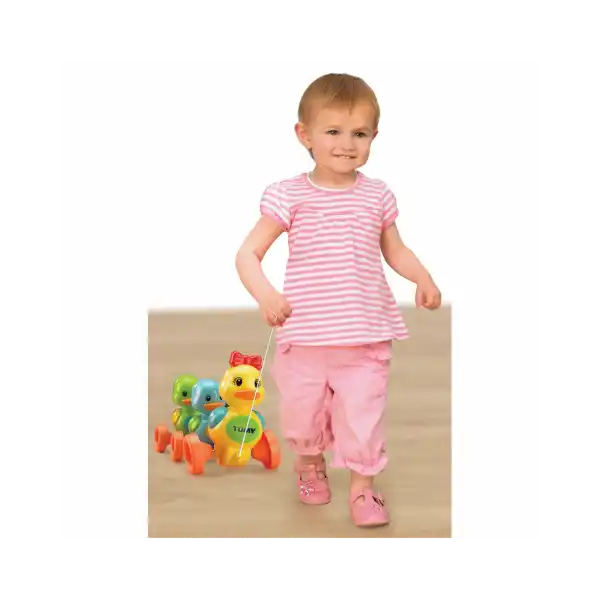 Toddler walking and pulling three colorful, wheeled toy ducks on a white string against a plain background.
