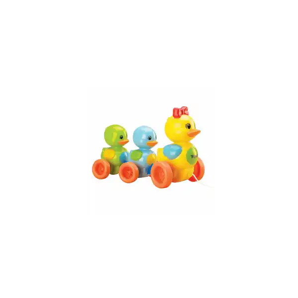 Yellow, blue, and green plastic pull-along toy ducks with orange wheels, led by a large duck with a red head bow.