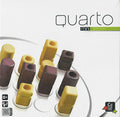 Quarto Mini box art showing light and dark wood round and square pieces of varying heights on a white circular board.