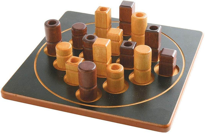 Wooden travel board game with light and dark brown cylindrical and square pieces on a black board with a circular layout.