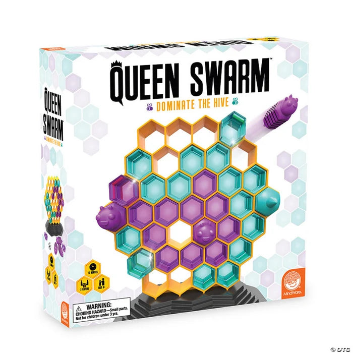 Queen Swarm game box featuring a vertical yellow honeycomb grid with teal and purple hexagonal bee-themed pieces.