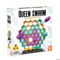 Queen Swarm game box featuring a vertical yellow honeycomb grid with teal and purple hexagonal bee-themed pieces.